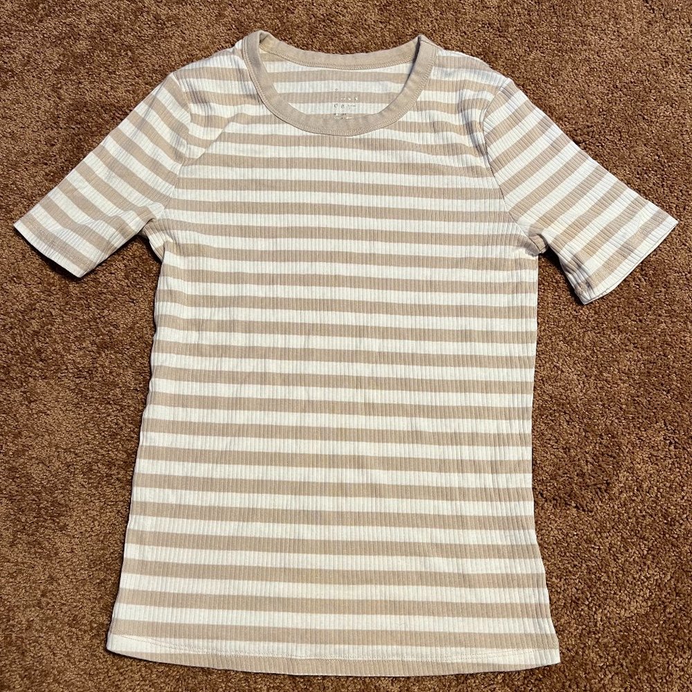 a new day tan and off white tripped top